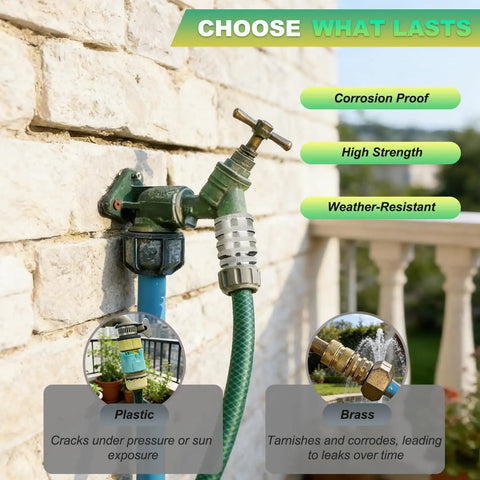 Image of Stainless Steel Garden Hose Quick Connect Fittings Set No Fuss Three Quarter Inch GHT Quick Connectors For Hoses And Sprayers Water Hose Quick Release Connectors Rust Resistant Five Piece installed on a garden faucet showing corrosion proof feature.