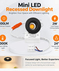 YGS-Tech 4 Pack Mini Recessed LED Lighting, 2W 100LM LED Downlights in black with LED driver, 24° focused beam for indoor use.