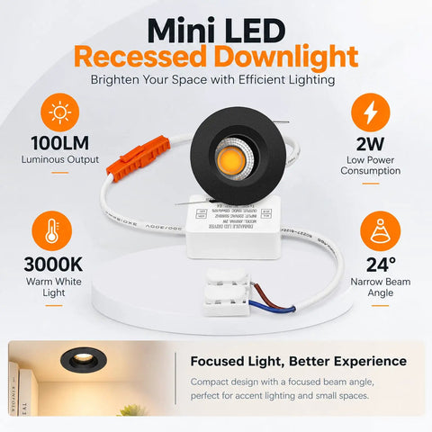 YGS-Tech 4 Pack Mini Recessed LED Lighting, 2W 100LM LED Downlights in black with LED driver, 24° focused beam for indoor use.