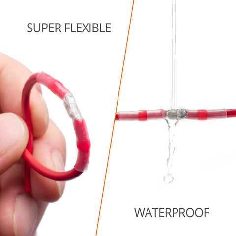 Hands showing Solder Seal Wire Connectors Kit With Heat Shrink Sleeves, Waterproof No Fuss Self Soldering Butt Connectors For 26-10 AWG, 110 Pcs in use, demonstrating flexibility and waterproof properties.