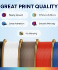 Four spools of vibrant ASA 3D Printer Filament 1.75mm, 1 Kg Spool, showcasing key features: neat winding, adhesion, smooth, and warp-free.