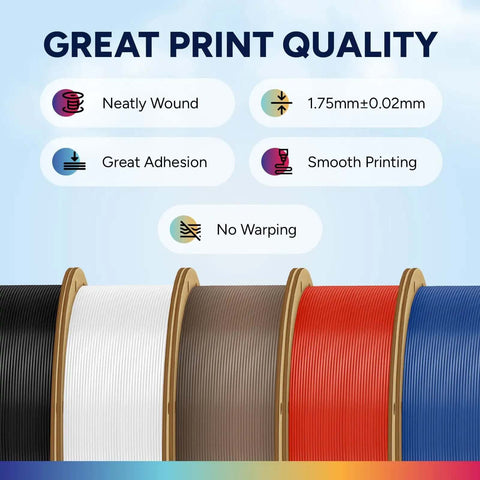 Four spools of vibrant ASA 3D Printer Filament 1.75mm, 1 Kg Spool, showcasing key features: neat winding, adhesion, smooth, and warp-free.