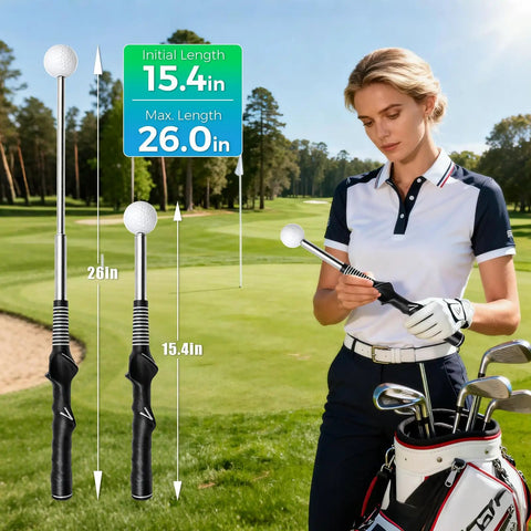 Golf Swing Trainer With Real Time Click Feedback And Retractable Club Grip, woman adjusting portable golf practice aid
