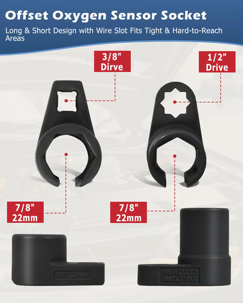 Offset oxygen sensor socket set with universal 6 point 22mm openings, including 3/8 and 1/2 inch drives, for cars, trucks, SUVs.