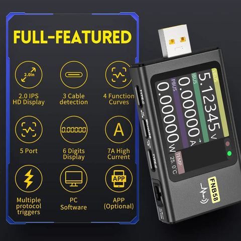 Beast USB Power Tester 4 To 28V 7A LCD Meter with ports and display, voltage and current readout, features list on black background.