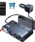Heavy Duty Cigarette Lighter Splitter With 45W Retractable Type C Car Charger Cable, three sockets, and digital display.
