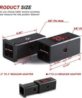 Trailer Hitch Reducer Sleeve From Three Inch To Two And One Half Inch And From Two And One Half Inch To Two Inch Carbon Steel With Five Eighth Inch Pin And Clip Fits Class V Hitch Receivers For Bike Racks Cargo Carriers And Ball Mounts showing product dimensions.