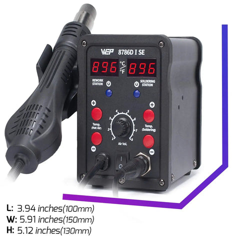 Front view of 2 In 1 Hot Air Rework Soldering Station Kit With Desoldering Tool, showing digital display and controls