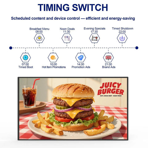 49 Inch Ultra Bright Ceiling Mount Commercial Digital Signage Board With Kickass 2000 Nits Brightness showcasing burger promo.