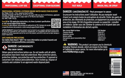 Back label of Stain Blocking White Primer DIY Friendly Water Based For Wood And Surfaces Keeps Pigment Finishes