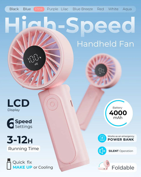 Handheld Portable Fan With 4000mAh USB Rechargeable Battery 180 Degree Foldable Mini Desk Fan in pink with LCD display