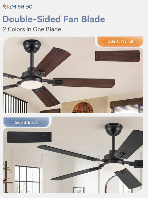 52 Inch Black Ceiling Fan With Lights, Modern Farmhouse Design, dual finish walnut and black blades, remote and app control