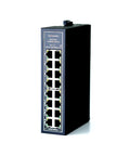 Industrial 16 Port Gigabit Unmanaged Ethernet Switch With Plug And Play Setup, DIN Rail Mount, front view of rugged fanless design.