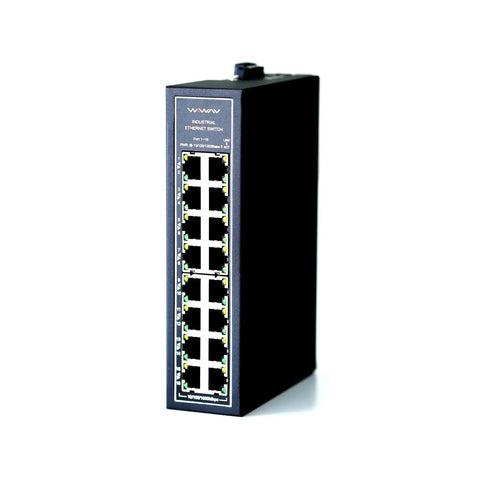 Industrial 16 Port Gigabit Unmanaged Ethernet Switch With Plug And Play Setup, DIN Rail Mount, front view of rugged fanless design.