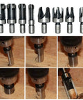 All In One Woodworking Drill Bit Set With Countersinks And Plug Cutters Hex Shank HSS 5 Flute 90 Degree Bits Three Point Countersink Bits