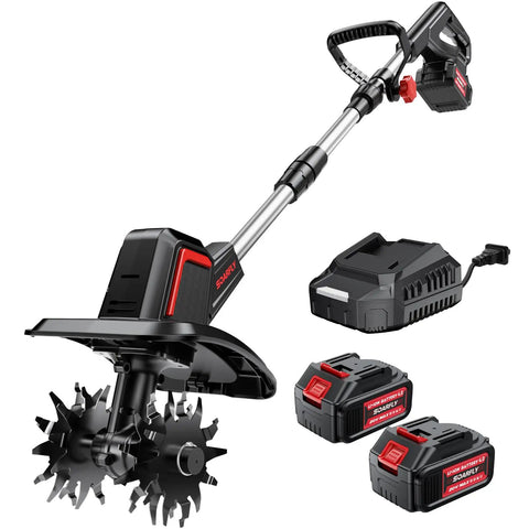 Cordless Electric Tiller For Gardening With Dual 4.0Ah Batteries, Total 8.0Ah Power, with battery charger and steel tines