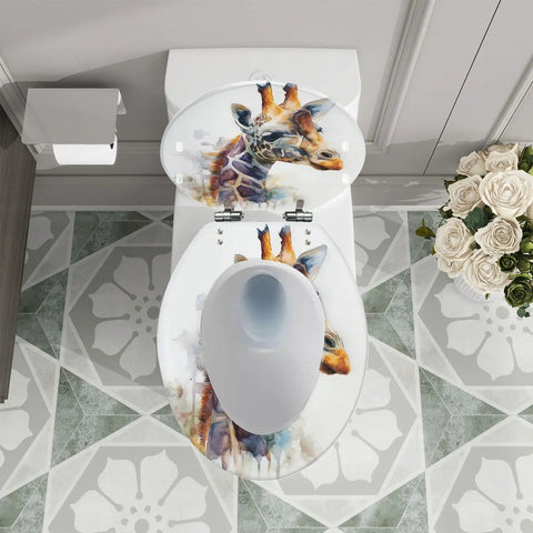 Elongated Toilet Seat for Bathroom with giraffe design, measuring 14.5" x 18.5", mounted on standard toilet.