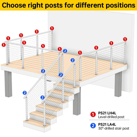 Diagram of deck with Round Cable Railing Post 42 Inch Tall 2.36 Inch Diameter Stainless Steel Brushed Finish Pre Drilled