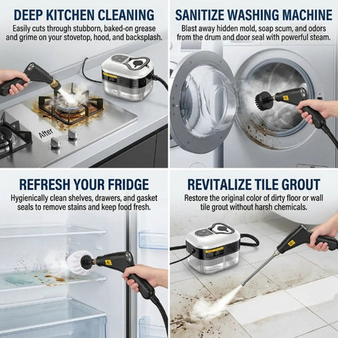 Heavy Duty Handheld Steam Cleaner With 1200ML Tank That Slays Grease And Sticky Buildup On Kitchens Bathrooms And Car Interiors smooth cleanup of kitchen, fridge, washing machine, and tile grout.