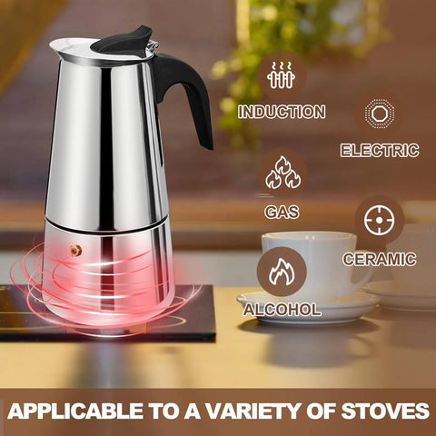 2 Cup Stovetop Espresso Maker In Stainless Steel Moka Pot For Home And On The Go Camping Italian Style Mocha Brew Pot Induction Compatible