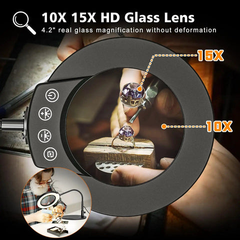 Close-up of jewelry under Desk Magnifying Glass With Light And Stand 10X 15X Zoom 4.2 Inch HD Lens Five LED Modes
