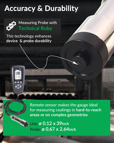 Rugged Coating Thickness Meter for Steel and Aluminum Structures, 0-3000µm Range, 0.001 Mil Resolution, External Probe, Fe/NFe Auto Detection, USB Data Export, Built for Inspectors, Contractors, and QC Pros On the Jobsite showing probe and meter
