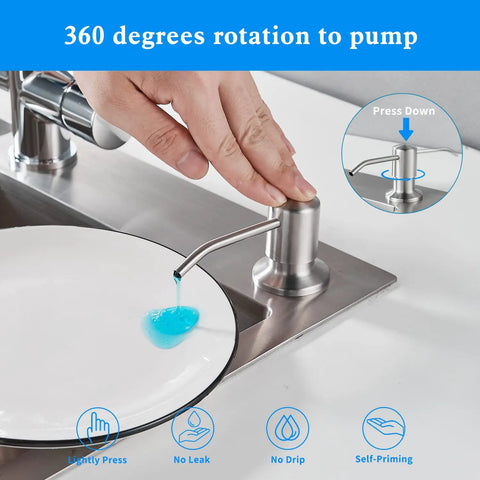 Hand pressing Built In Kitchen Soap Dispenser With Brushed Nickel Finish Top Refill Access, pumping soap onto plate