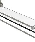 Fresno Collection 22 Inch Glass Vanity Rail With Integrated Towel Bar Shelf Satin Nickel Finish Solid Brass Construction And Three Eighths Inch Tempered Glass For Safety Modern Bathroom Organizer And Towel Storage, angled view.
