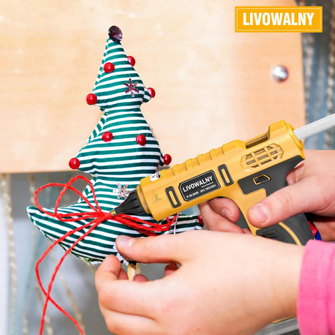 Cordless Hot Glue Gun That Works With Dewalt 20V Batteries 100W Tool used on Christmas decoration, no wires visible, 30 glue sticks included