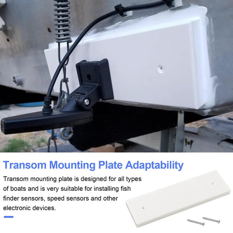 Boat Transducer Mounting Plate for Fish Finder and Sonar, Transom Saver and Stern Saver Mount, Marine Transducer Bracket, White, Dock Ready Install, Fits All Boat Types, Durable High Impact Plate, 12 by 3.5 by 0.75 Inches installed on a boat transom