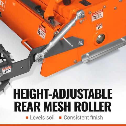 48 Inch Stone Burying Reverse Rotation Rotary Tiller With 3 Point Hitch Cat 1 Chain Drive PTO Shaft Included And Slip Clutch For 20 To 45 HP Tractors Ready To Go showing height-adjustable rear mesh roller.