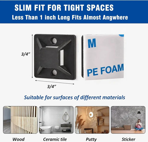 3/4 inch square adhesive mount from 50 Piece Adhesive Zip Tie Mount Kit for No Fuss Wire Management With Six Inch Ties and Holders