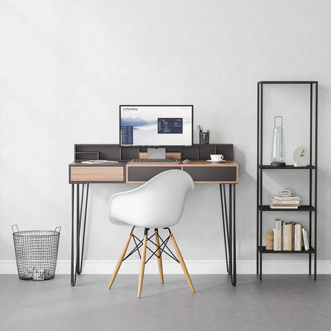 Home office desk with 18 Inch Hairpin Table Legs Set, 1/2 Inch Steel Rods, Mid Century Modern Style, black coat, near chair and shelf.