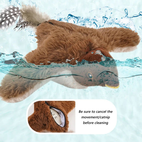 Motion Activated Plush Bird Toy For Indoor Cats With Realistic Sounds, Rechargeable Interactive Pet Toy That Auto Starts, Quiet Hands Free Playtime Buddy For Curious Cats And Busy Owners, brown plush bird with tail feather and battery pocket