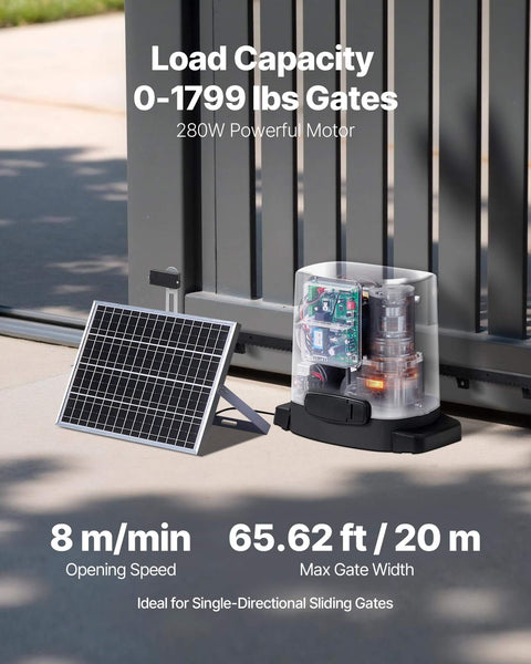 Solar Sliding Gate Opener System With 280W Motor That Powers Gates Up To 65.6 Ft And 1799 Lbs, includes solar panel and motor