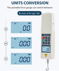 500N Digital Force Gauge Push Pull Meter With USB Output Real Time Data Streaming 999 Peak Data Storage Free Software For Easy Stats And Analysis High Precision Load Tester For Lab And Workshop Field Ready Gear, units conversion display