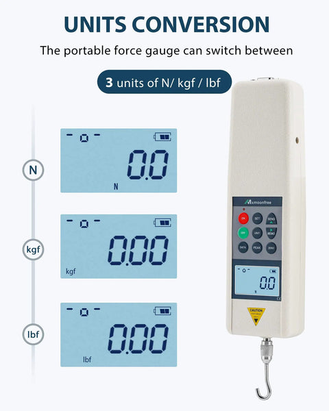 500N Digital Force Gauge Push Pull Meter With USB Output Real Time Data Streaming 999 Peak Data Storage Free Software For Easy Stats And Analysis High Precision Load Tester For Lab And Workshop Field Ready Gear, units conversion display