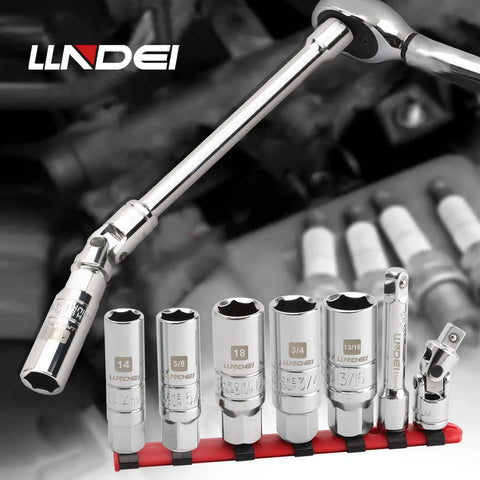 3/8 Inch Drive Spark Plug Socket Set 7 Piece SAE And Metric High Visibility 6 Point Sockets CR-V Steel Mirror Polished