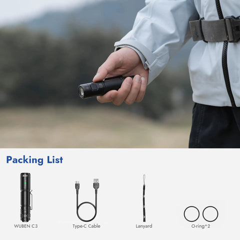 Person holding compact C3 Flashlight Beefy Ultra Bright 1200 Lumen Beam 588 Ft Throw IP68 Waterproof rechargeable with packing list
