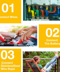 Three-step process showing wire connection, battery connection, and relaxing after work with lounge chair on balcony