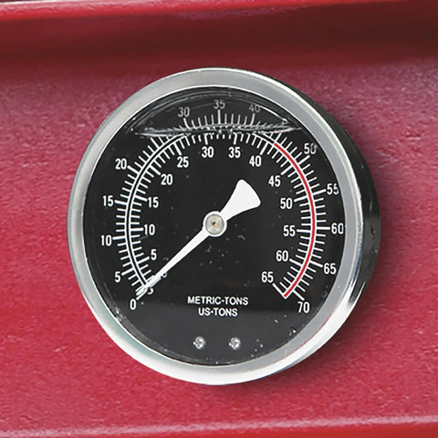 Close-up of gauge from 40-Ton Pneumatic Shop Press With Gauge And Winch Heavy-Duty H-Frame Steel Construction For Straightening And Pressing