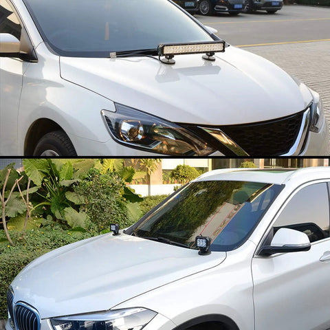 Car showing 2 Piece Magnetic Base LED Light Bar Mounting Brackets With Rubber Coated Sucker Holders For Bottom Mounts On Hood