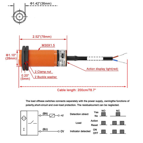 Capacitive Proximity Sensor Switch For Pros, 20mm Detect Range, 20 To 250 VAC, 400mA Output, Normally Open, 2 Wire, 30mm Mounting