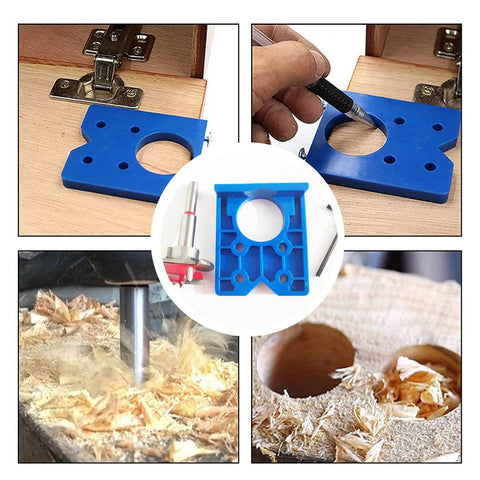 Pro Grade Forstner Drill Bit Set Thirty Five Millimeter Concealed Hinge Jig Kit in use for cabinet hinge installation