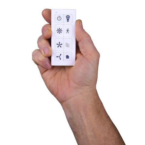 Hand holding Smart Ceiling Fan Remote With Wi Fi Enabled Connectivity Works With Alexa And Google Assistant 3 Speed Control
