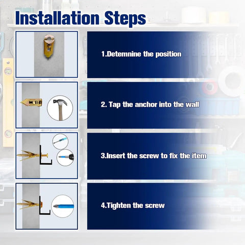Installation steps for Heavy Duty Drywall Anchors Kit With Drill Bit Six Size Screw Assortment