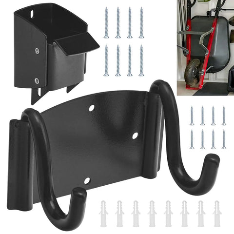 Heavy Duty Wheelbarrow Storage Hook With Silicone Pads, 90 Lb Capacity, shown with screws and wall mount, fits most wheelbarrows
