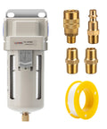 Heavy-Duty Air Line Filter With 3/8 NPT Port For Clean Air System AF3000-03, 5-Micron Brass Element, accessories shown