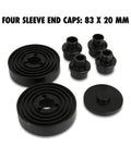 Four sleeve end caps from 20 Cup Bushing Removal Tool Kit For Suspension And Wheel Bearing Service With Adapters.