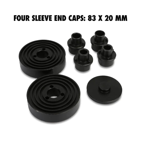 Four sleeve end caps from 20 Cup Bushing Removal Tool Kit For Suspension And Wheel Bearing Service With Adapters.